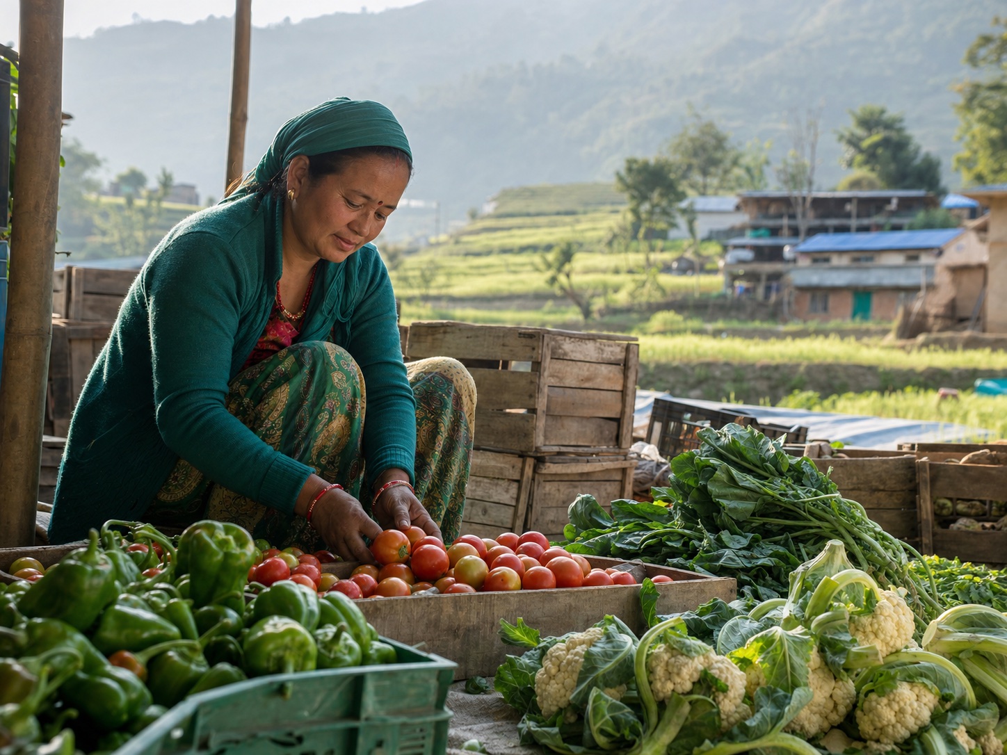 Nepali woman farmer sorting fresh vegetables at a rural collection center