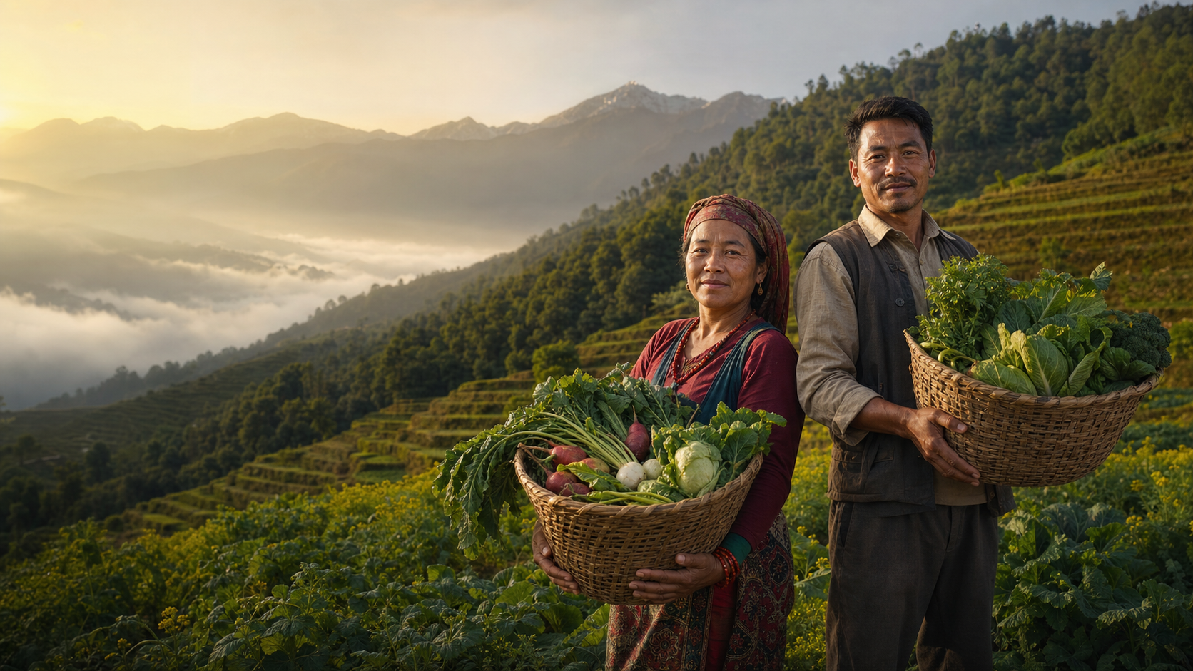 Nepali farmers standing together in a green agricultural landscape